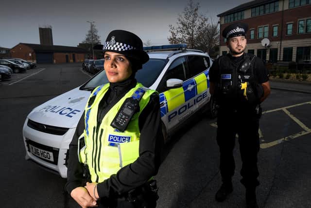 Pcs Usma Amireddy and Arfan Rahouf, who have designed a police uniform hijab, pictured at North Yorkshire Police's headquarters at Northallerton