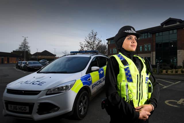 Pc Usma Amireddy who has helped design a police uniform hijab, pictured at North Yorkshire Police's headquarters at Northallerton
