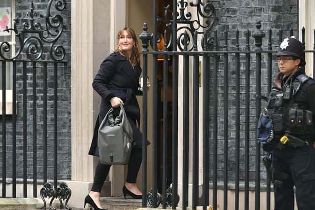 Allegra Stratton, the face of Downing Street's new daily televised press briefings, enters 10 Downing Street.