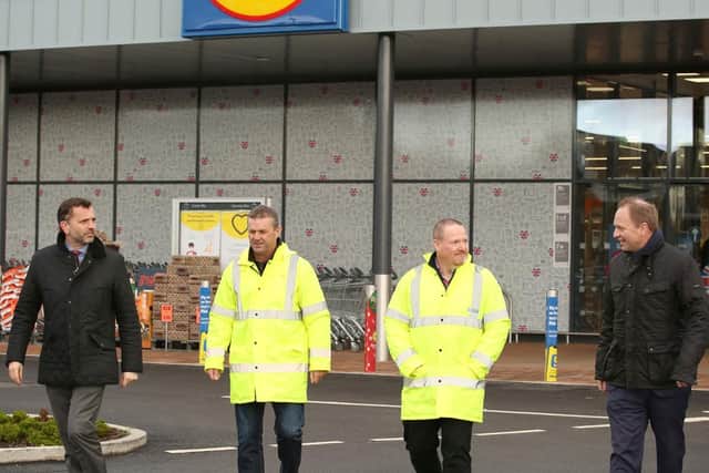 From left, Wykeland Group’s Dominic Gibbons, Cllr Malcolm Taylor and Chief Executive Justin Ives, from Hambleton District Council, and Jonathan Stubbs of Wykeland in front of the Lidl store.
