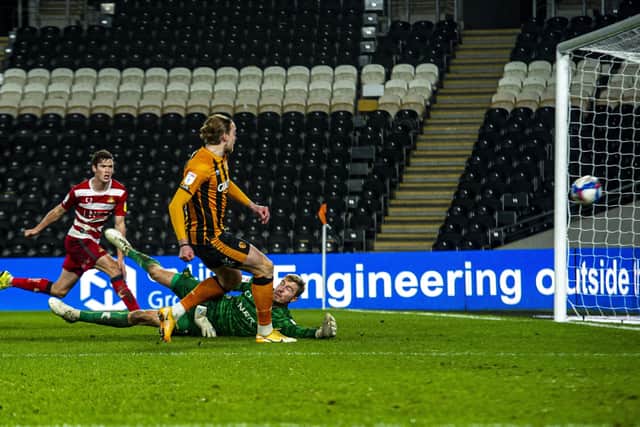 Hull 
City sub  Tom Eaves snaps up the opportunity to put Tiger 2-1 up  after Rovers keeper Joe Lumley fumbled the ball. (P icture: Tony Johnson)