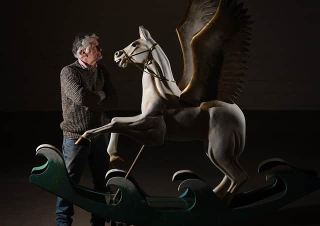 Rocking Horse Maker Steven Bulcock, Hebden Bridge with his Pegasus rokking horse.Picture by Simon Hulme