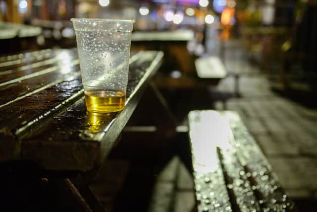An almost empty beer cup is seen at a pub in King Street on October 12, 2020 in Bristol, England.  (Photo by Finnbarr Webster/Getty Images)