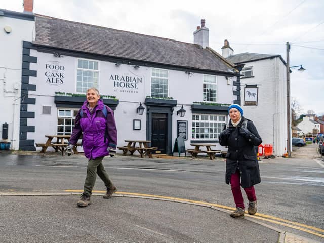 Walking buddies Betty Wright, (left) and Elizabeth Lowe, (right) setting off from Aberford, near Leeds, on their 5-mile socially distanced walk. Pic: James Hardisty