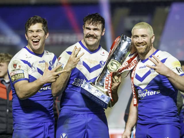 Three-time winners: St Helens trio, from left, Louie McCarthy-Scarsbrook, Alex Walmsley and Kyle Amor. Picture: SWPix