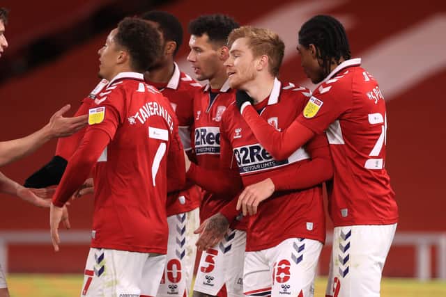Middlesbrough's Duncan Watmore (second right) celebrates scoring his side's second goal against Swansea City on Wednesday night, making up for the weekend loss at Huddersfield Town. They sit third in the YP Power Rankings. Picture: Mike Egerton/PA.