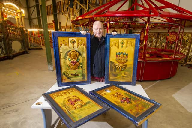 David Littleboy with panels depicting Yorkshire scenes including the boats on the River Nidd in Knaresborough and the Cow and Calf, Ilkley from a dobby set dating from the 1920s thought to be owned by William Henry Marshall set for restoration at Littleboys workshop in Kinsley near Wakefield. Picture Tony Johnson