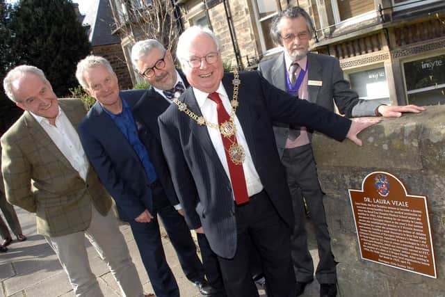 Mayor of Harrogate Coun. Nick Brown at the unveiling of the plaque to Dr Laura Veale at the site of her surgery in 2017
