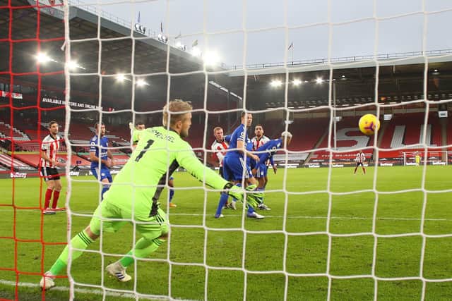 Sheffield United's Oli McBurnie scores his side's opening goal. Picture: Simon Bellis/Sportimage