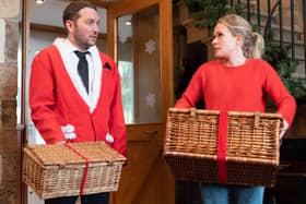 Jon is unimpressed by his hamper size vs Lucy's. Picture: PA Photo/UKTV/Vish Sharma.