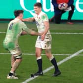 He's done it: England's Owen Farrell, right, celebrates scoring his side's winning penalty kick in extra time with team-mate Tom Curry. Picture: Adam Davy/PA Wire.