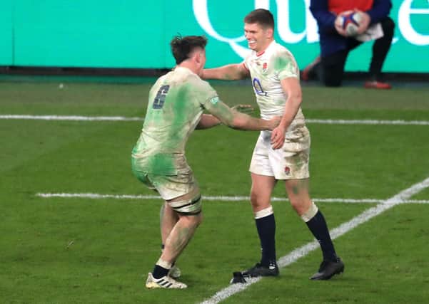 He's done it: England's Owen Farrell, right, celebrates scoring his side's winning penalty kick in extra time with team-mate Tom Curry. Picture: Adam Davy/PA Wire.