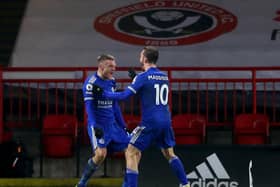 Leicester City's Jamie Vardy (left) celebrates with team-mate James Maddison after scoring his side's late winner. Picture: PA