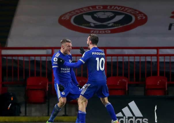 Leicester City's Jamie Vardy (left) celebrates with team-mate James Maddison after scoring his side's late winner. Picture: PA