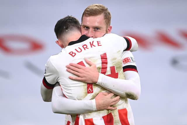 Sheffield United's Oli McBurnie celebrates his goal with Oli Burke.