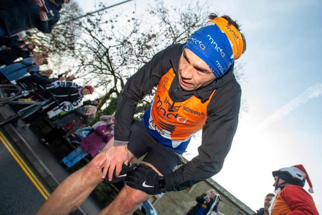 Kevin Sinfield after finishing his final 7 in 7 marathon challenge around Saddleworth in aid of Rob Burrow and in support of MNDA.
(Picture: Bruce Rollinson)