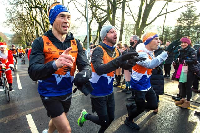 Kevin Sinfield  finishing his final 7 in 7 marathon challenge in aid of Rob Burrow and in support of MNDA. (Picture: Bruce Rollinson)