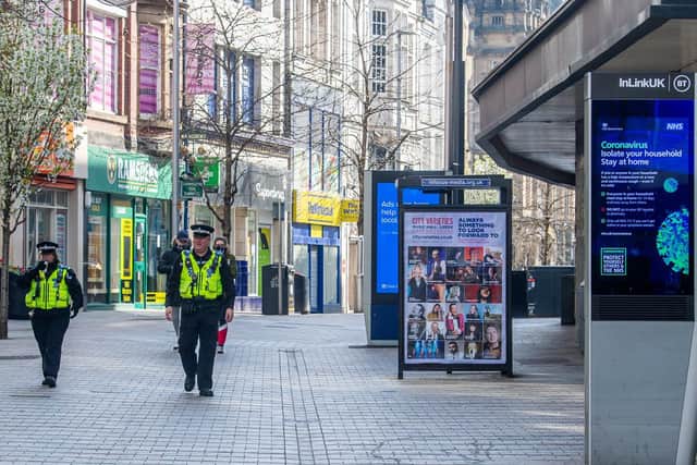 Police officers on the high street in Leeds city centre