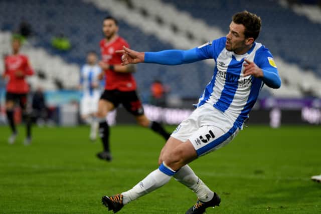 Harry Toffolo, of Huddersfield Town, scoring the second goal against QPR (Picture: James Hardisty)