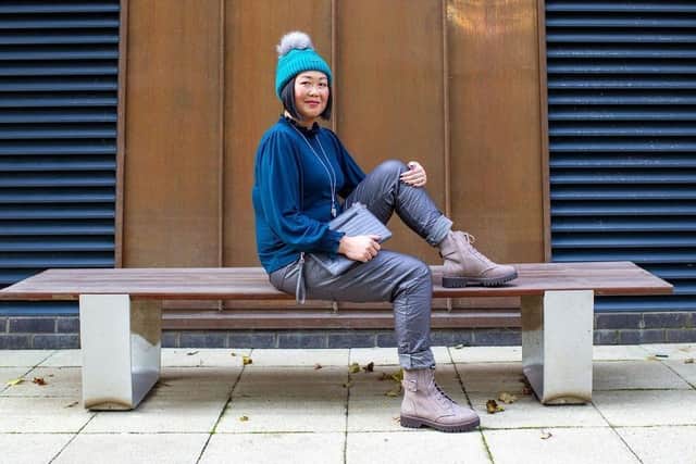 Be ready for anything in clothing that works for indoors and out and layers easily to adapt to all temperatures. Ayon ruched neck top in teal, £28; Magic trousers in grey pleather; £22; Eva hat in turquoise by Sabbot, £25; Mock croc clutch bag in grey, £10. At York-based Copperandwhite.co.uk and at The Shambles Market.