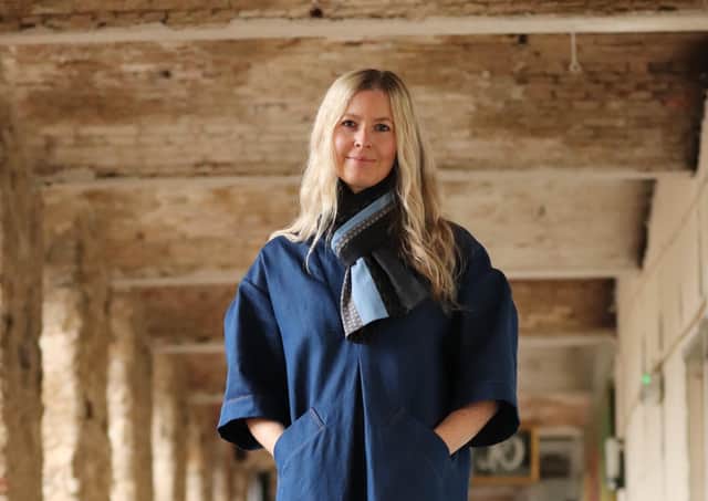 Based near Holmfirth, Louise Stocks-Young of The Smock Works has created a new range of smocking-inspired Japanese denim scarves. This is the Multi Denim Scarf, £155, worn with the Sunday smock dress, £650, at thesmockworks.co.uk.
