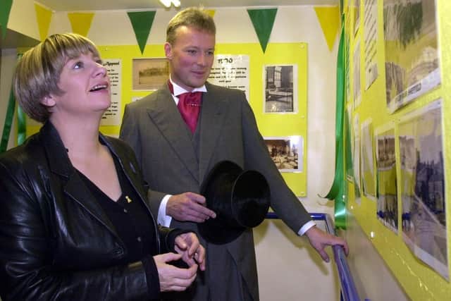 Comic Victoria Wood looking at the display after officially opening the Sheffield Children's Hospital  exhibition celebrating 125 yearrs of service with John Adler chief executive in October 2001.  Picture Chris Lawton