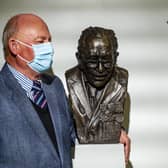 Garry McBride from Monumental Icons with a bust of Sir Tom Moore unveiled in the Leeds Cancer Centre, Bexley Wing at St James's Hospital. Picture Tony Johnson
