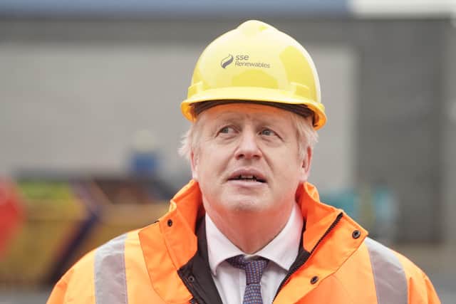 Boris Johnson during a visit to Blyth to mark the first anniversary of his election win.