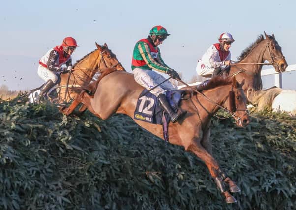 Conor O'Farrell and Vieux Lion Rouge clear The Chair in the Becher Chase. Photo: Aintree Racecourse and Grossick Photography.