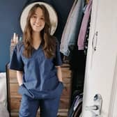 1. Laura Sedman of Leeds-based fashion brand Laurelle Woman tries out the scrubs she began making for health and key workers during lockdown.