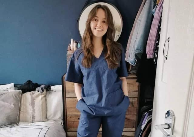 1. Laura Sedman of Leeds-based fashion brand Laurelle Woman tries out the scrubs she began making for health and key workers during lockdown.