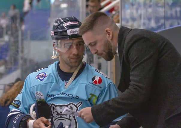 BENCH WORK: Greg Wood, right, succeeds former Sheffield Steeldogs’ player-coach Ben Morgan behind the bench. Picture courtesy of Peter Best.
