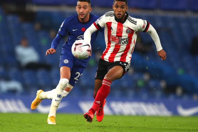 Sheffield United's Max Lowe competes with Hakin Ziyech of Chelsea at Stamford Bridge. Picture: Simon Bellis/Sportimage