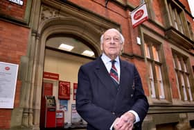 World War Two veteran Harold Wood, who served in the Home Guard, outside the Post Office on Lendal in 2019