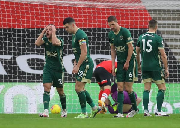 George Baldock of Sheffield Utd shows his agony as the second goal is deflected into the net. Picture: David Klein/Sportimage