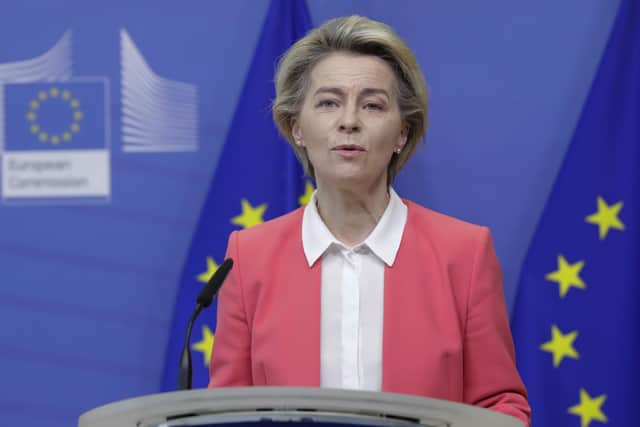 European Commission President Ursula von der Leyen delivers a statement at the EU headquarters in Brussels.