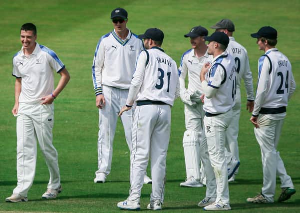 Ready to go: Yorkshire players, pictured celebrating taking a wicket against Durham in August in the Bib Willis Trophy will return for pre-season training on January 4.(Pictures: SWpix.com)