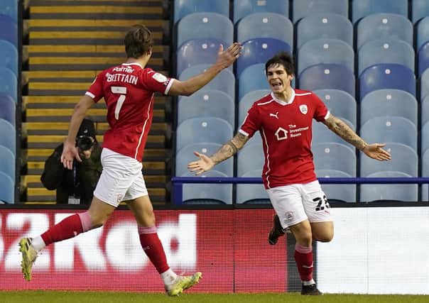 Dominik Frieser, right, celebrates scoring at Hillsborough as Barnsley claimed local bragging rights with victory over Sheffield Wednesday. (Picture: Andrew Yates/Sportimage)