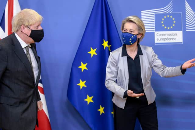 Britain's Prime Minister Boris Johnson  is welcomed by European Commission President Ursula von der Leyen for Brexit talks.