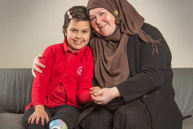 Anneeka Hussain of Leeds, who has received a Cancer Research UK for Children & Young People Star Award in partnership with TK Maxx. Anneka (8) has lost a leg after being diagnosed with cancer.

Pictured with mum Kay.

Photograph by Richard Walker/ImageNorth