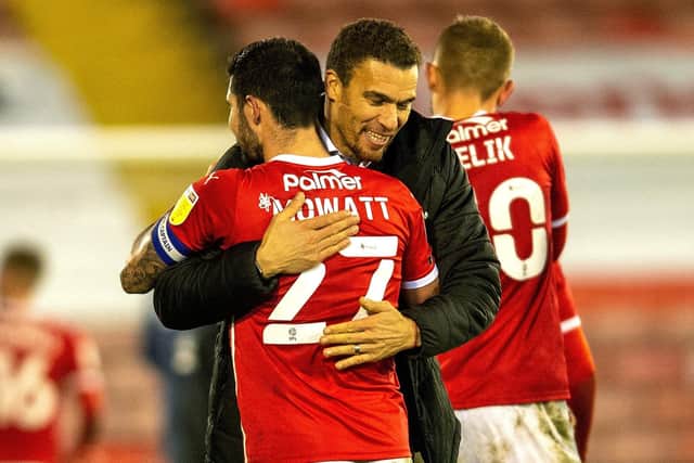 Valerian Ismael celebrates at full-time with Alex Mowatt after Barnsley's win over Preston North End. (Picture: Bruce Rollinson)