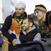 Kevin Sinfield (right) with Rob Burrow outside Headlingey Stadium during his marathon challenge.