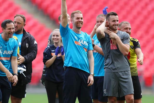 Simon Weaver celebrating promotion with Harrogate Town at Wembley