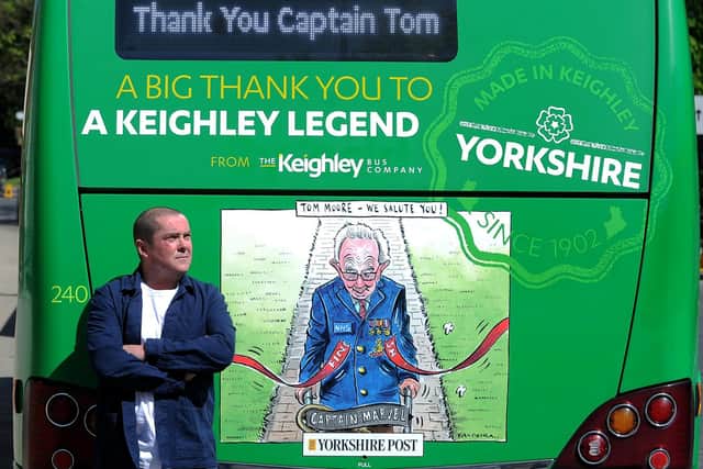 His cartoon adorned the back of a bus celebrating Captain Sir Tom Moore's achievements in 2020.