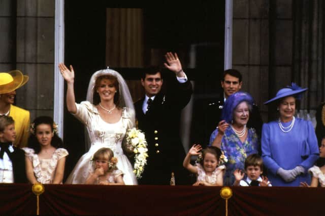 Prince Andrew and his bride, Sarah Ferguson, at Buckingham Palace on their wedding day.