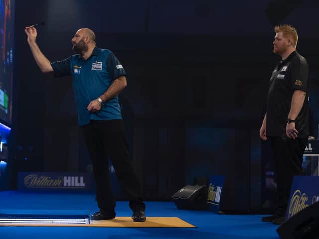 Scott Waites at the oche in his win over Matt Campbell. Picture by Lawrence Lustig/PDC.