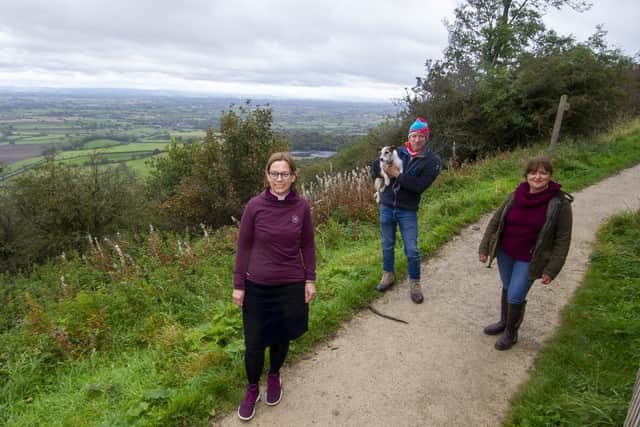 The Bishop of Ripon, Right Reverend Dr Helen-Ann Hartley, with vet Julian Norton and Farming Community Network volunteer Lisa Cardy at the top of Sutton Bank.