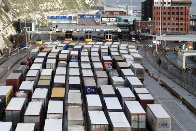 Lorries queue to enter the port of Dover in Kent. Christmas stockpiling and Brexit uncertainty have again caused huge queues of lorries to stack up in Kent.