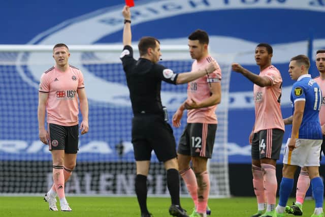 Off: John Lundstram is sent off following a VAR review by referee Pater Bankes. Picture: David Klein/Sportimage