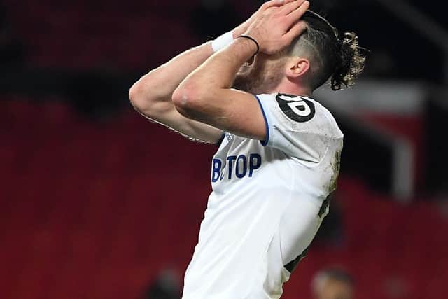 Leeds United's Jack Harrison rues a missed chance at Old Trafford. Picture: PA.